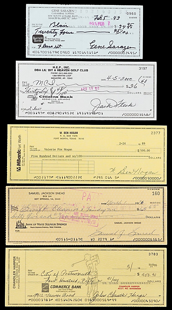Golf Legend Signed Check Collection (5) with Ben Hogan & Sam Snead
