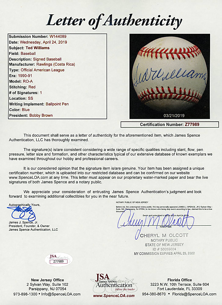 Joe DiMaggio & Ted Williams Single-Signed Baseball Pair - Each with JSA LOA
