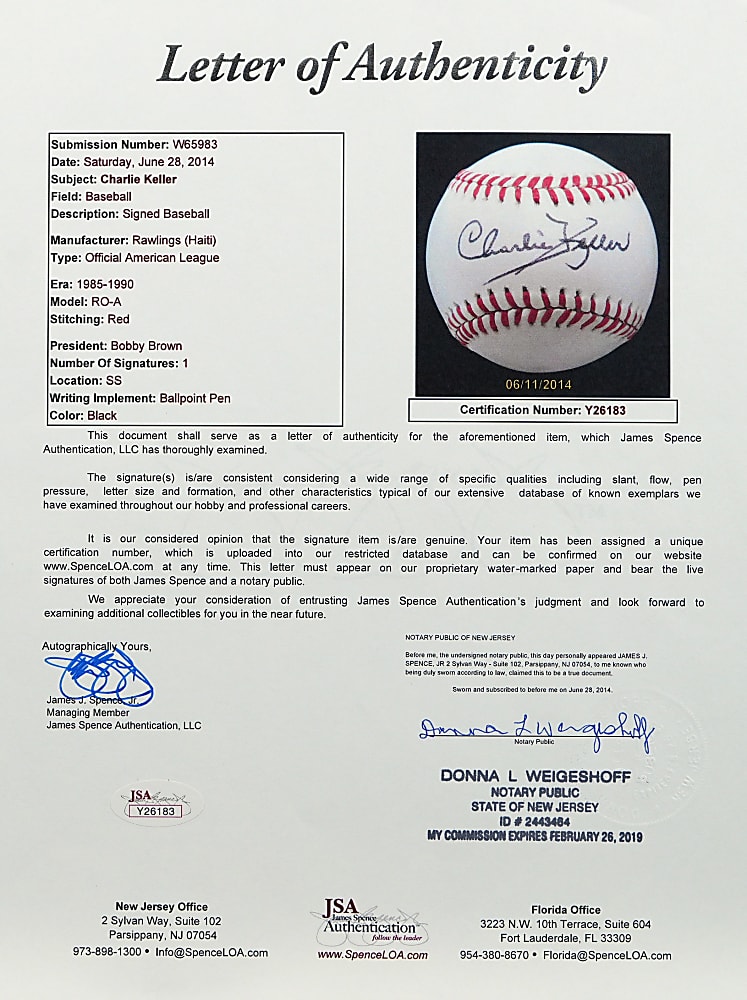 Charlie Keller Tough Single-Signed Baseball - Full JSA LOA