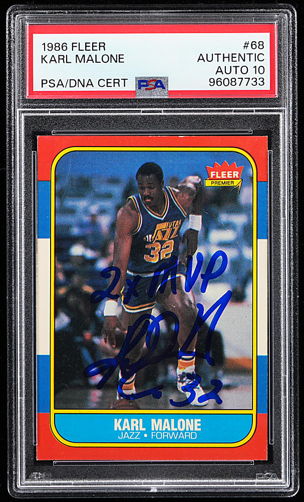 1986-1987 Fleer Basketball #68 Karl Malone Signed Rookie with "2X MVP" Inscription - PSA/DNA Auto "10"