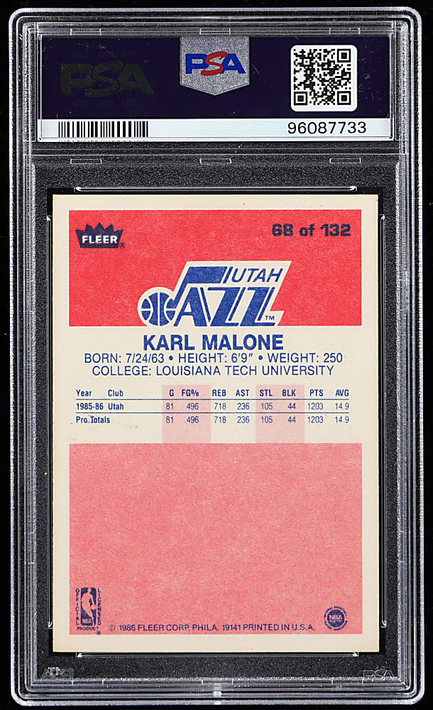 1986-1987 Fleer Basketball #68 Karl Malone Signed Rookie with "2X MVP" Inscription - PSA/DNA Auto "10"