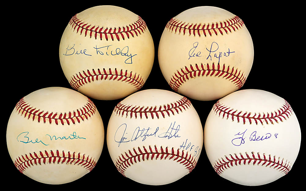Tougher New York Yankees Single-Signed Baseball Quintet with Berra, Dickey, Hunter, Lopat & Martin - Each PSA/JSA