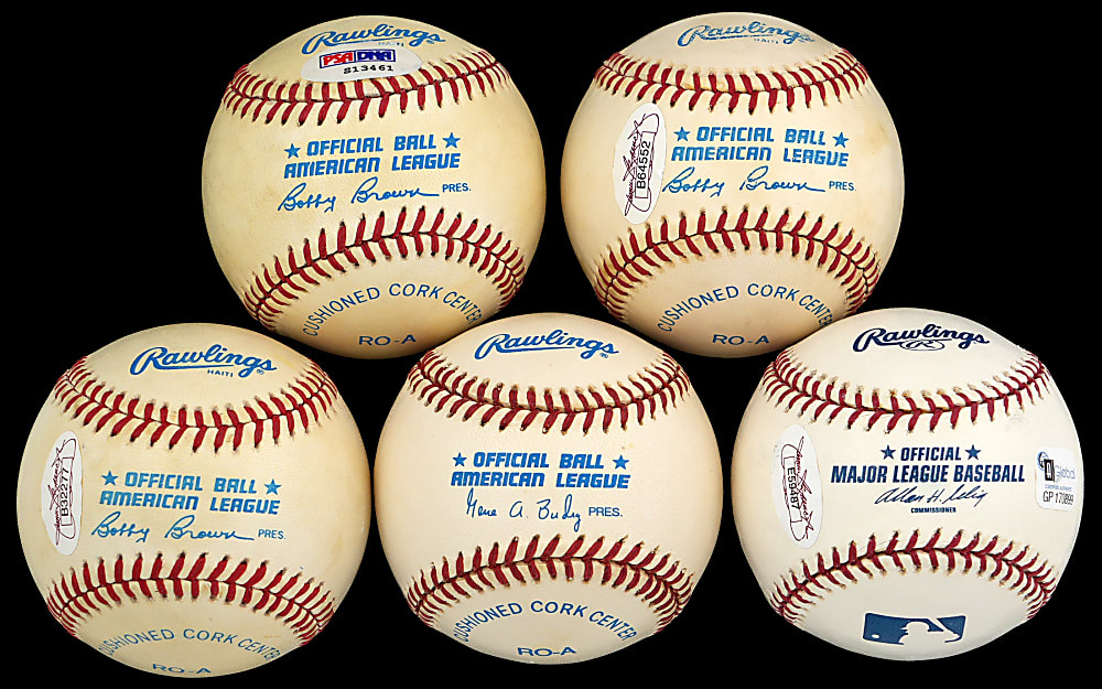 Tougher New York Yankees Single-Signed Baseball Quintet with Berra, Dickey, Hunter, Lopat & Martin - Each PSA/JSA