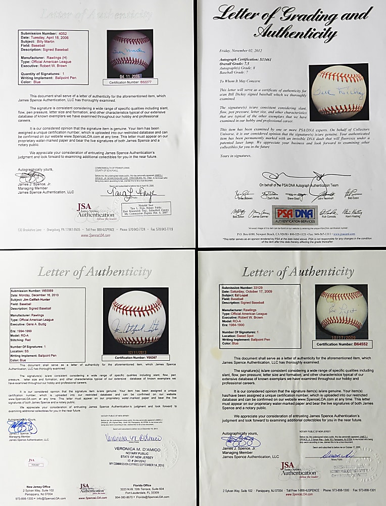 Tougher New York Yankees Single-Signed Baseball Quintet with Berra, Dickey, Hunter, Lopat & Martin - Each PSA/JSA