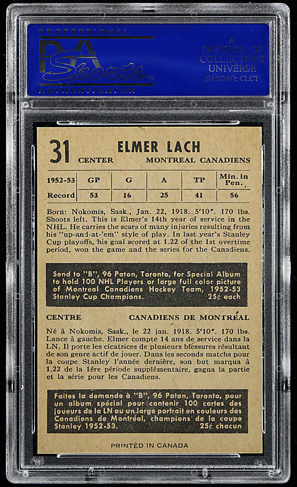 1953 Parkhurst Hockey #31 Elmer Lach PSA NM-MT 8