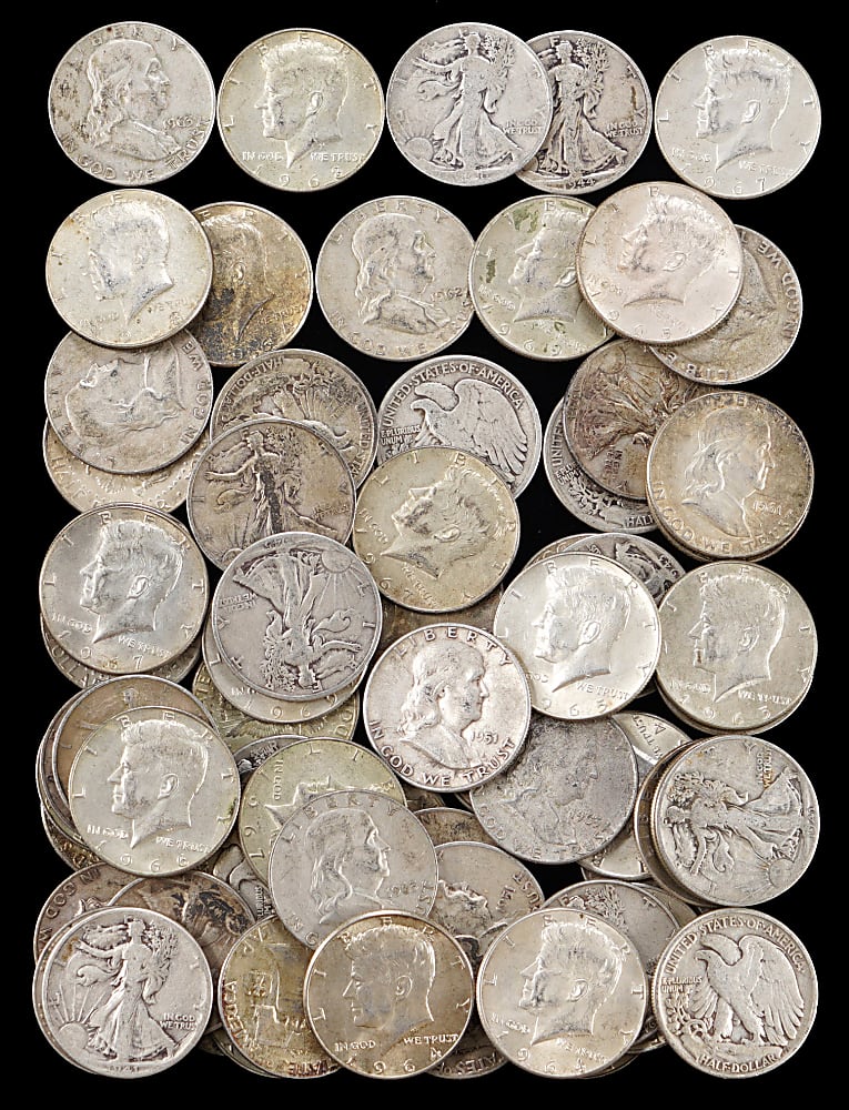 1930s-1960s Silver Half Dollars (70) with Walking Liberty, Franklin & JFK Types