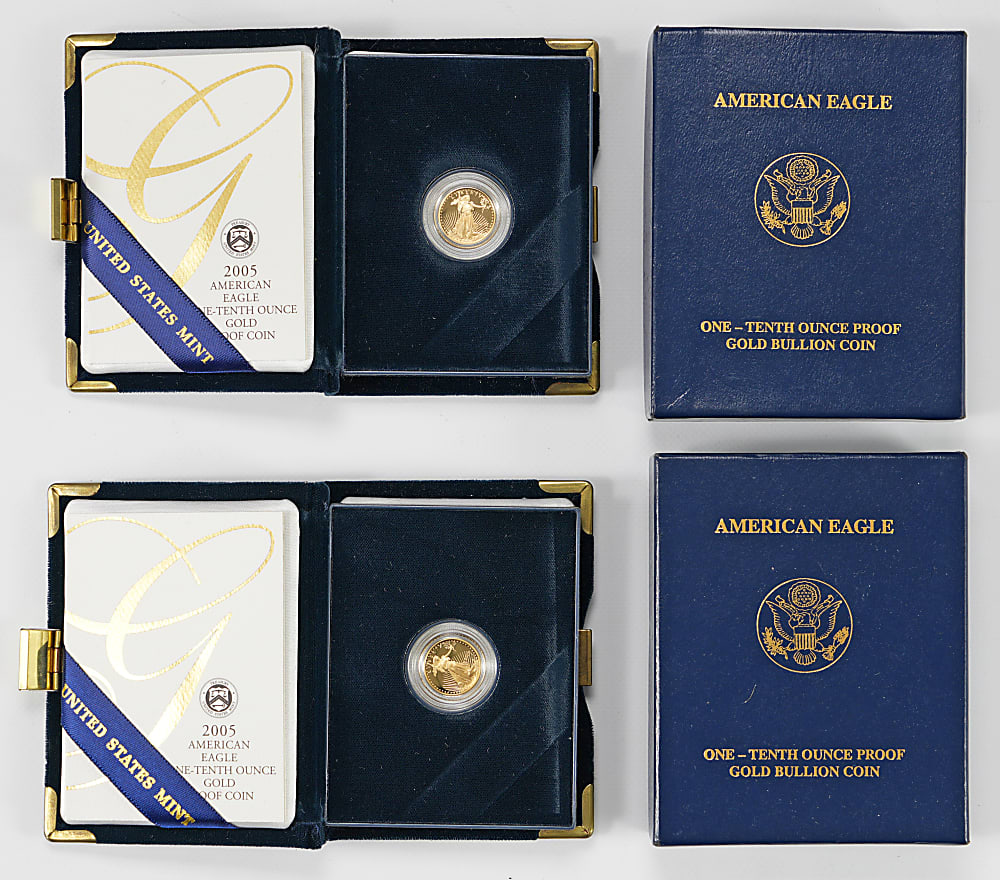2005 U.S. $5 Gold Eagle 1/10th Oz. Bullion Proof Coins (2) in Original Mint Boxes