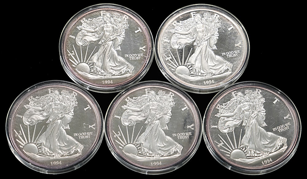 1994 Walking Liberty 1/2-Pound Pure Silver Bullion Proof Rounds (5)