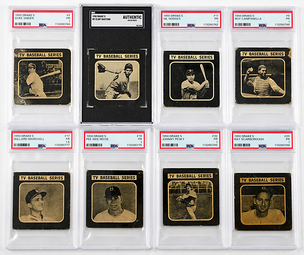 1950 Drake's Cookies Graded Starter Set (8) with (4) Brooklyn Dodgers Hall of Famers Including Campanella, Hodges, Reese & Snider