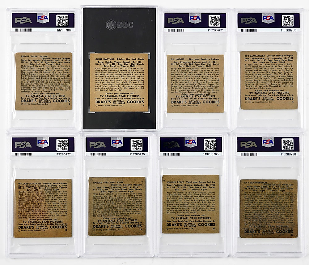 1950 Drake's Cookies Graded Starter Set (8) with (4) Brooklyn Dodgers Hall of Famers Including Campanella, Hodges, Reese & Snider