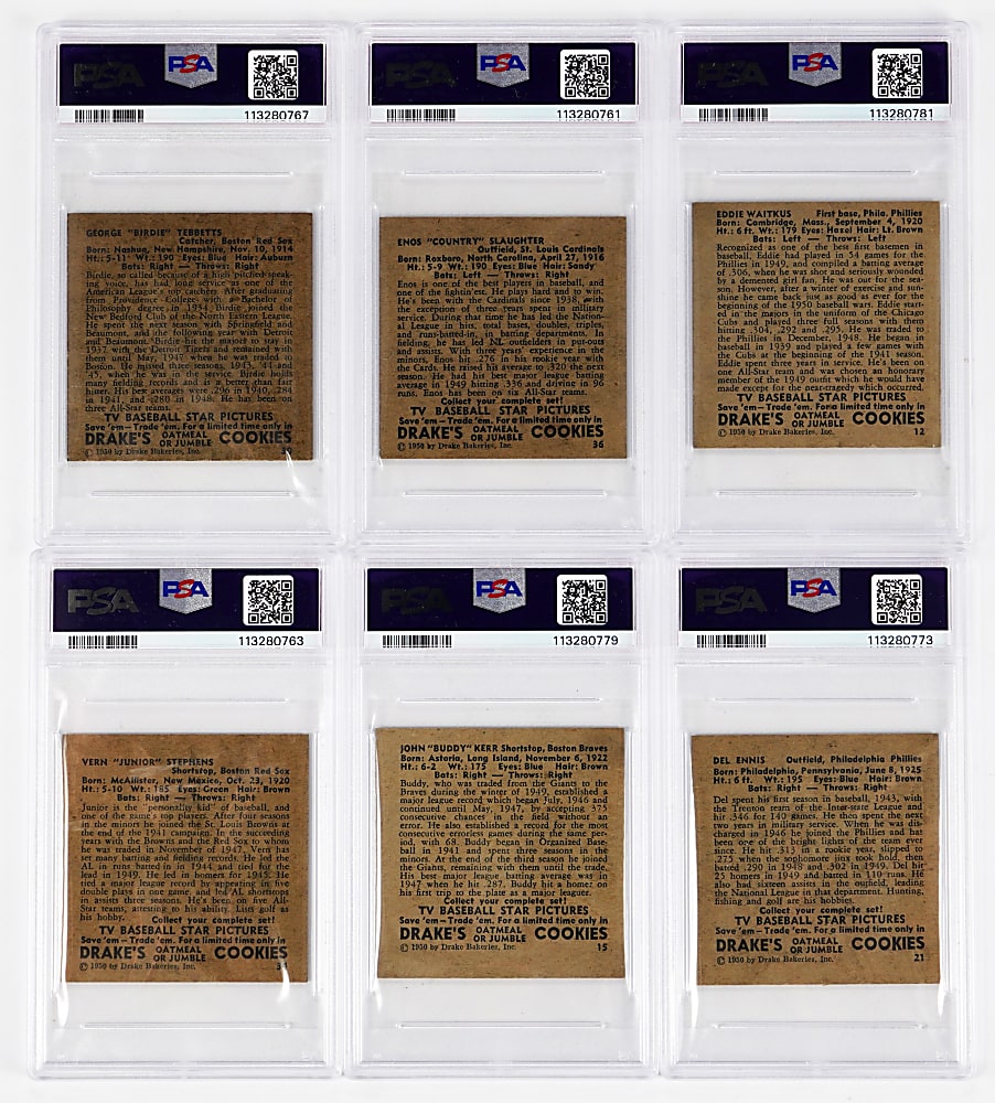 1950 Drake's Cookies PSA EX 5 to EX-MT 6 High-Grade Group (6) Including #36 Enos Slaughter