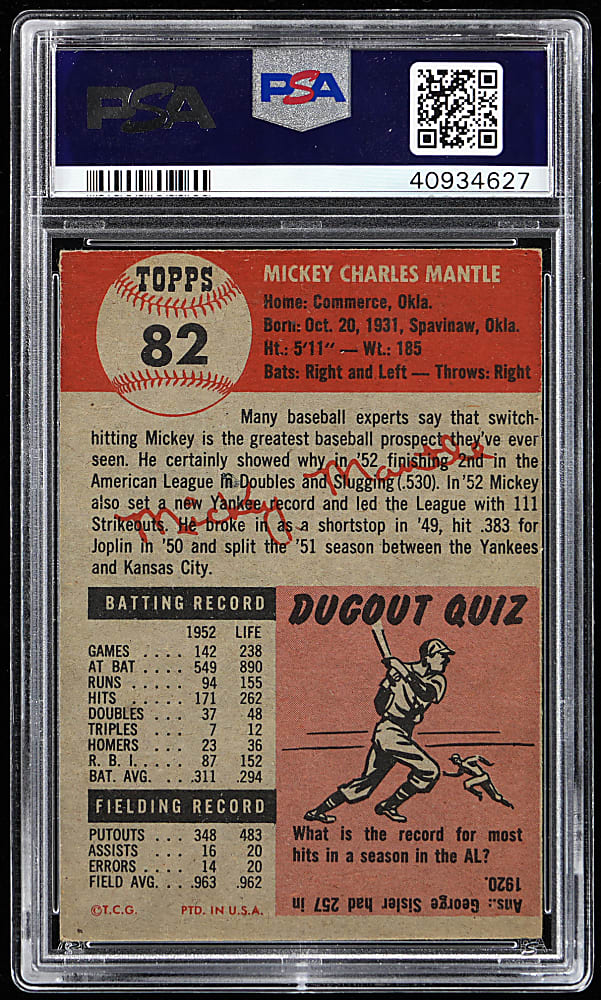 1953 Topps #82 Mickey Mantle PSA VG 3