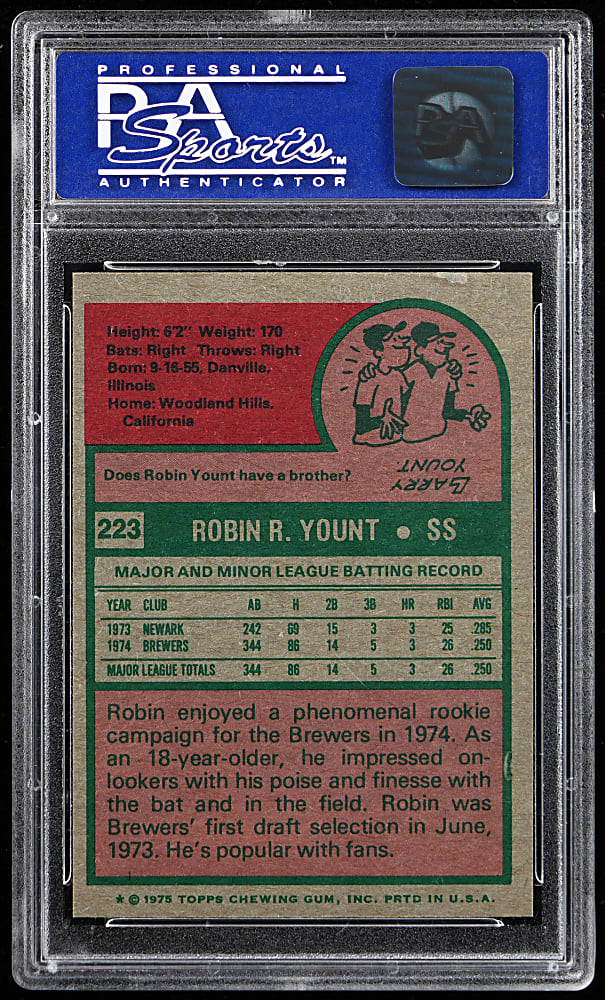 1975 Topps #223 Robin Yount Rookie PSA MINT 9