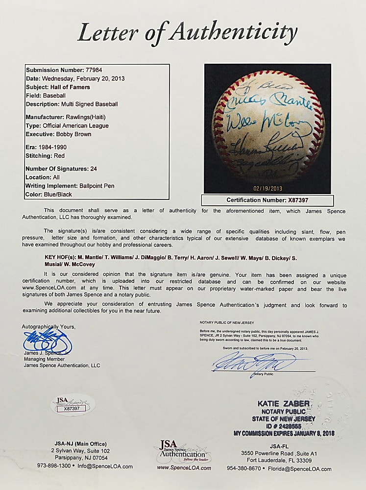 Hall of Famer Multi-Signed Baseball with T. Williams, Mantle, DiMaggio, Aaron, Mays, Banks, Dickey, Terry & Musial - Full JSA LOA
