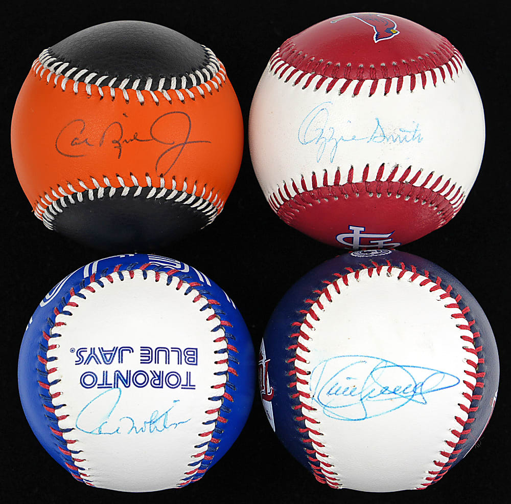 Single Signed Hall of Famer Logo Baseballs Group (4) with Ripken, Puckett, O. Smith and Molitor