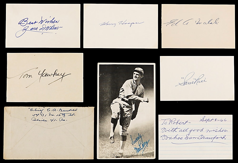 Hall of Famers Signed Index Cards & Flats Collection (8) with Chief Bender & Tom Yawkey