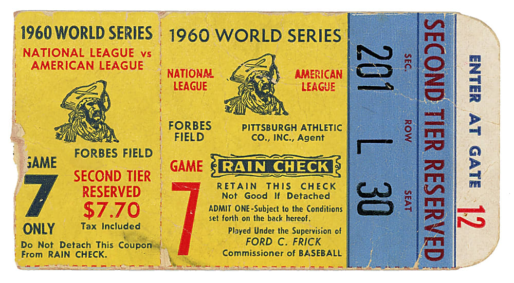 1960 Pittsburgh Pirates World Series Game 7 Ticket Stub - Bill Mazeroski's Series-Winning Home Run!
