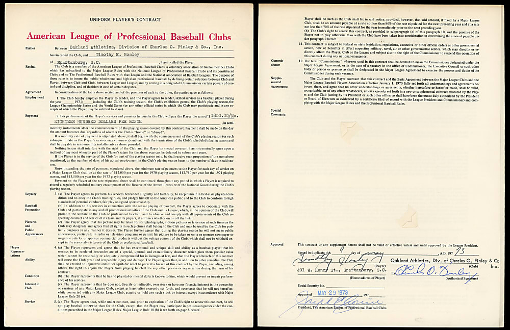 1973 Tim Hosley Oakland Athletics Contract Signed by Charles O. Finley & Joe Cronin