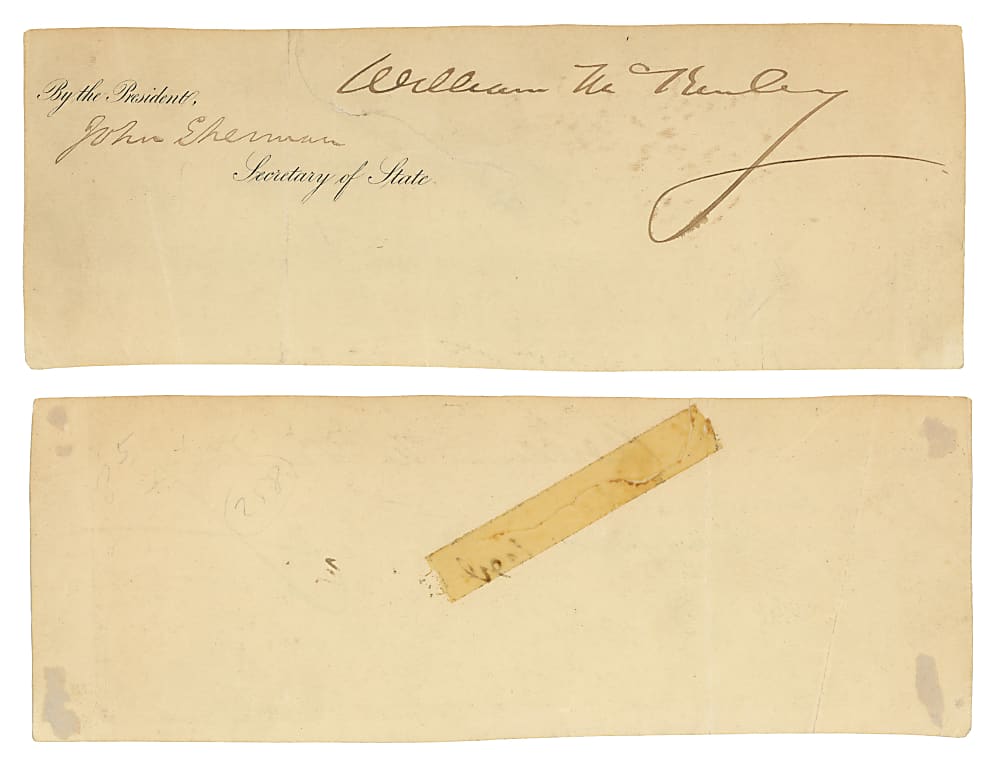 1897-1898 President William McKinley & Secretary of State John Sherman Dual-Signed Document Cut
