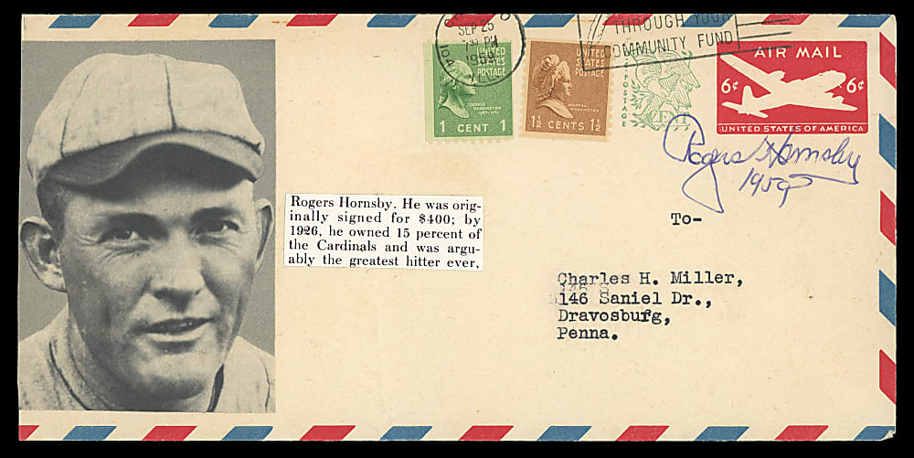 1959 Rogers Hornsby Signed Postal Envelope