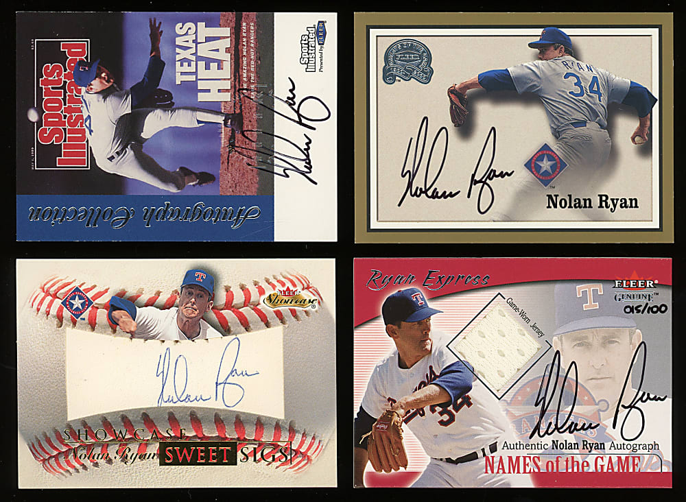 1999-2001 Fleer Nolan Ryan Certified Autograph Cards (4) with Fleer Greats & Genuine Auto/Jersey #/100
