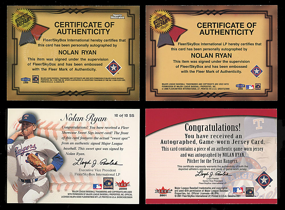 1999-2001 Fleer Nolan Ryan Certified Autograph Cards (4) with Fleer Greats & Genuine Auto/Jersey #/100