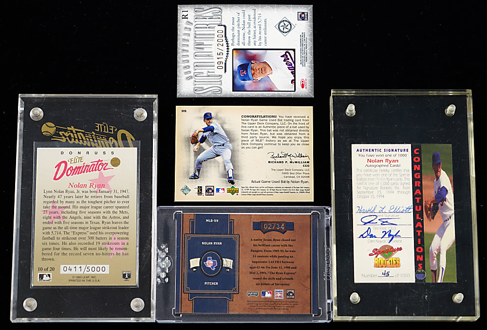 1993-2004 Nolan Ryan Certified Autograph/Game-Used Relic Group (5) with Dominator & Significant Signatures