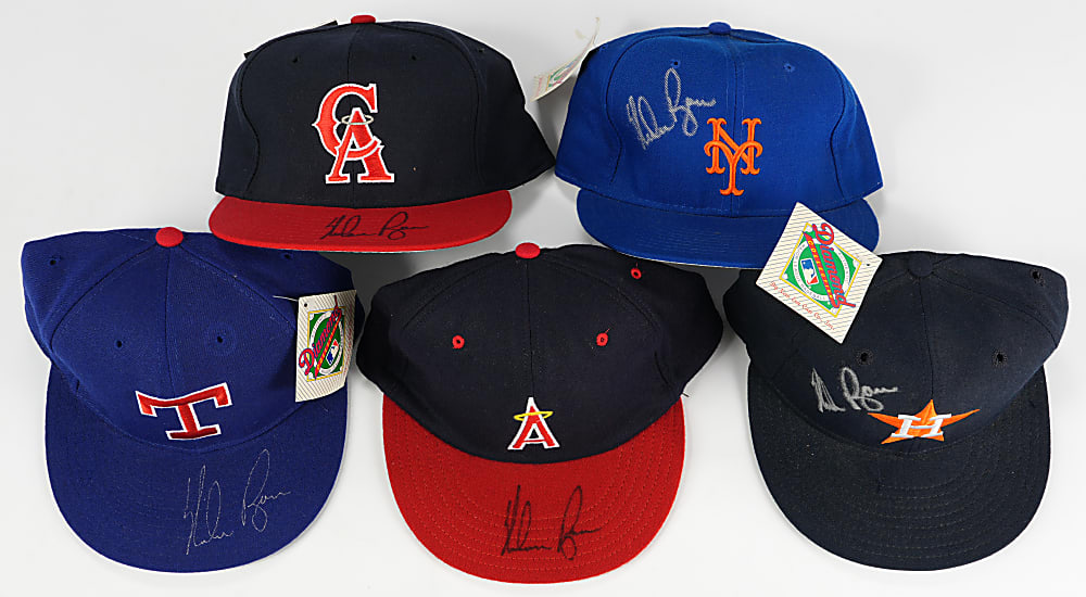 Nolan Ryan Signed Cap Quintet featuring Each Team from Career