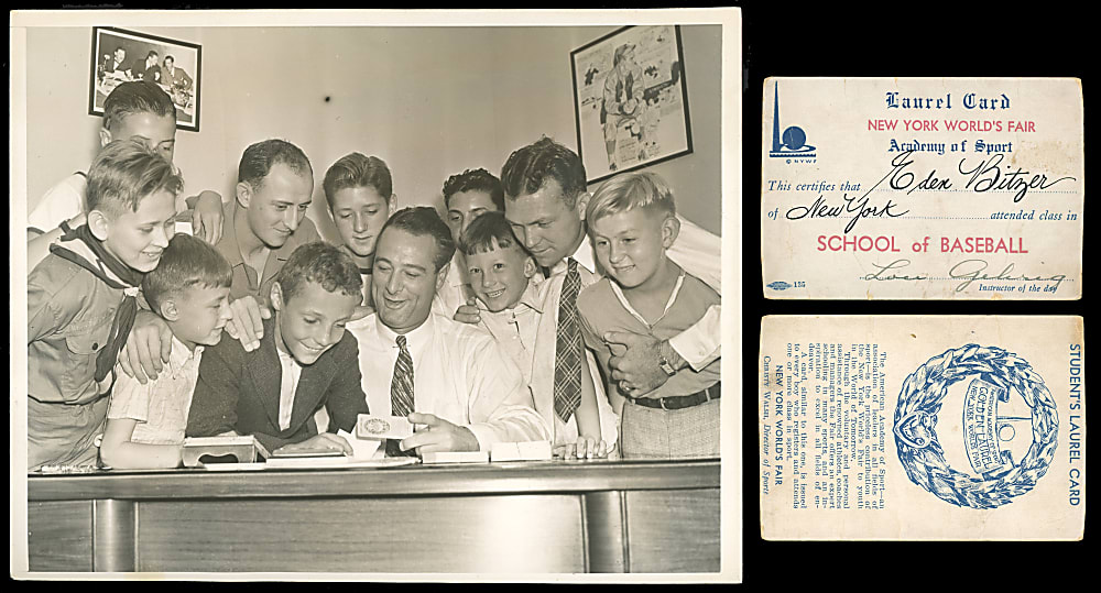 1939 Lou Gehrig and Kids at World's Fair Original Photograph Plus Academy of Sport Student Card Signed by Mrs. Gehrig