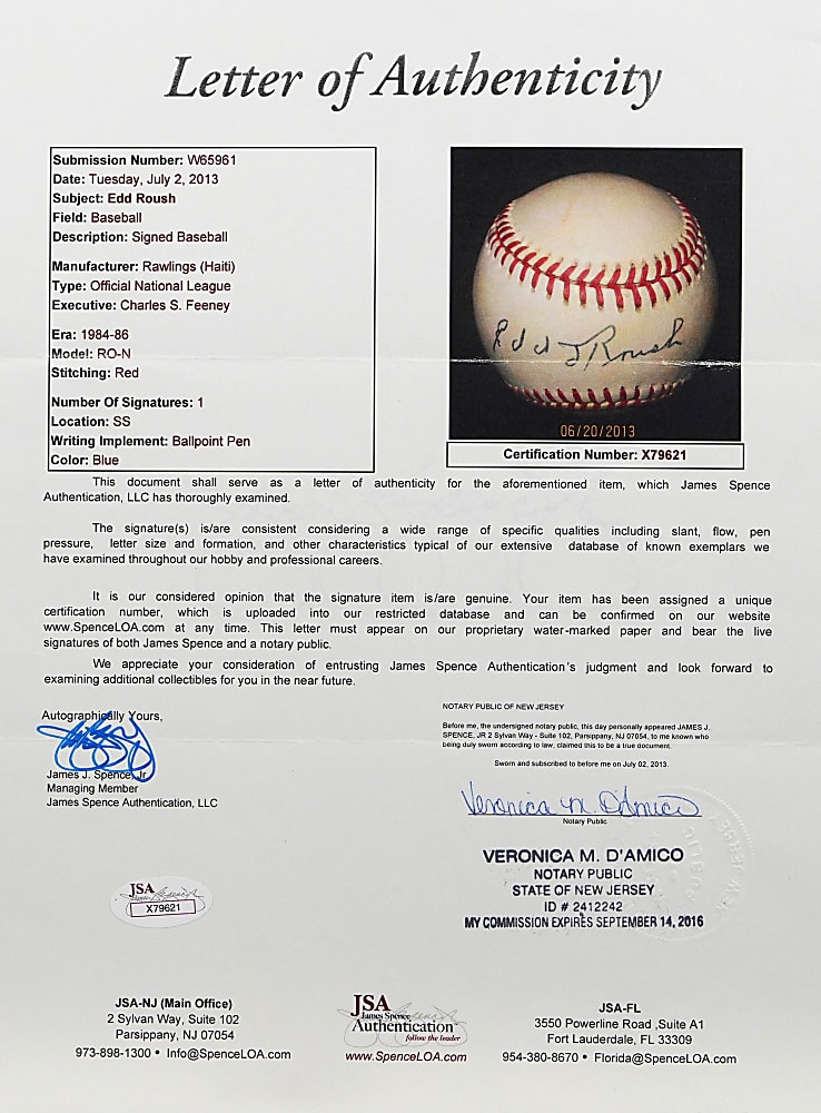 Edd Roush Single Signed Feeney ONL Baseball with JSA LOA