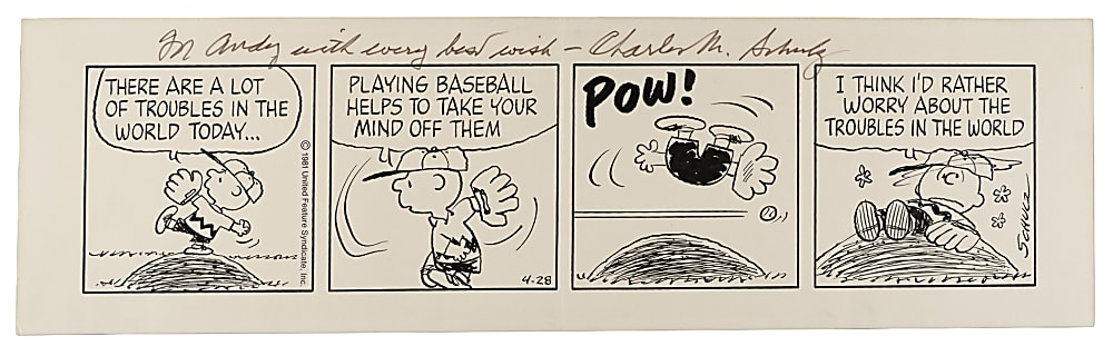 1981 Original Peanuts Baseball-Themed Daily Comic Strip by Charles Schulz - Signed and Inscribed by Schulz!