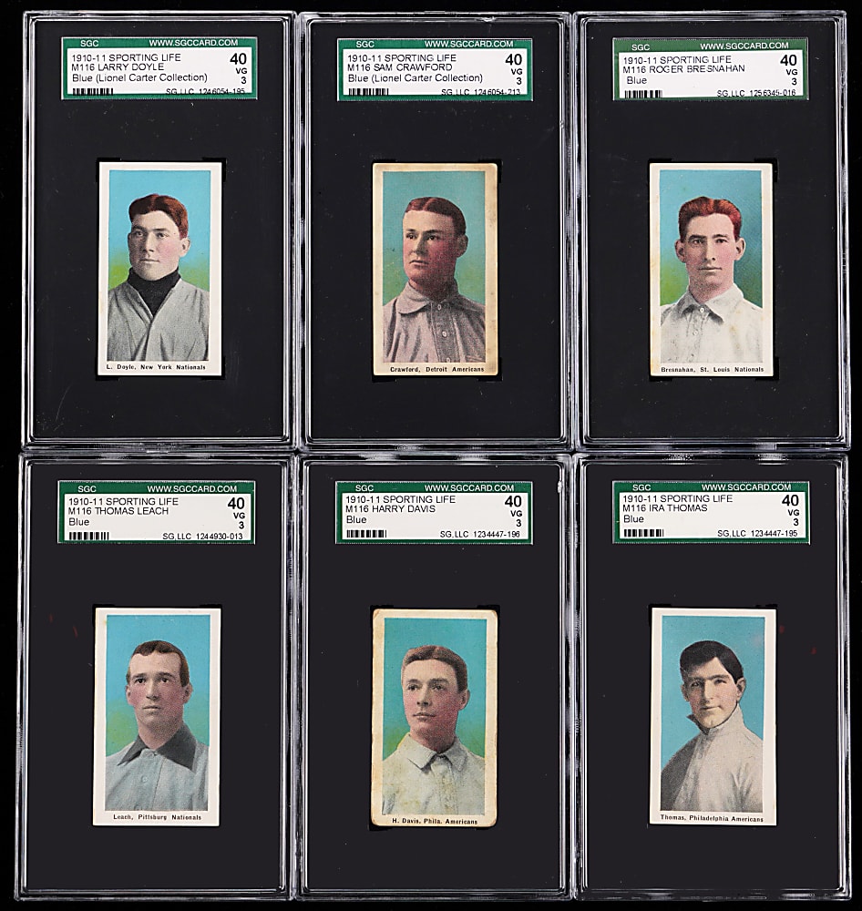 1910-1911 M116 Sporting Life Blue Background SGC VG 3 Graded Group (6) with Roger Bresnahan & Sam Crawford