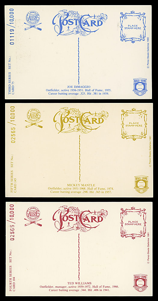 Legends Signed Perez-Steele Hall of Fame Postcards (3) with Ted Williams, Mickey Mantle & Joe DiMaggio