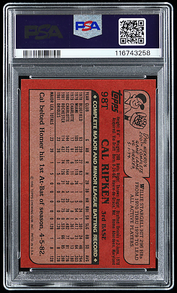 1982 Topps Traded #98T Cal Ripken Jr. Signed Rookie PSA NM-MT 8/Auto 10