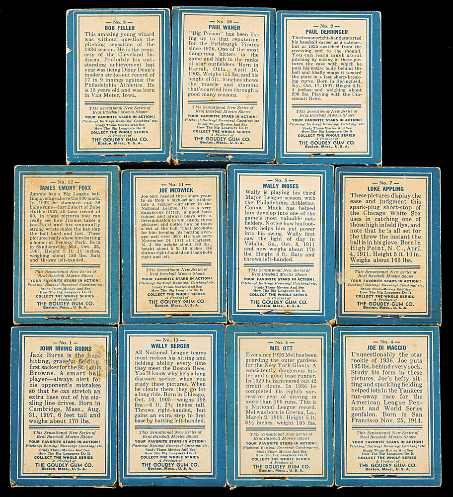 1937 R342 Goudey Thum-Movies Near Complete Set (11/13) with DiMaggio, Foxx & Ott