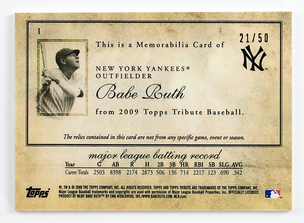 2009 Topps Tribute #1 Babe Ruth Triple Relic Black Parallel #/50 with Pinstripe