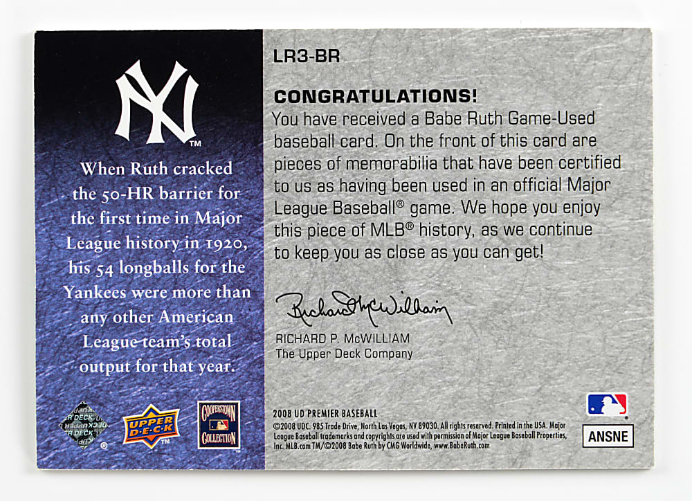 2008 UD Premier Babe Ruth Legendary Remnants Triple Game-Used Bat Card #09/10