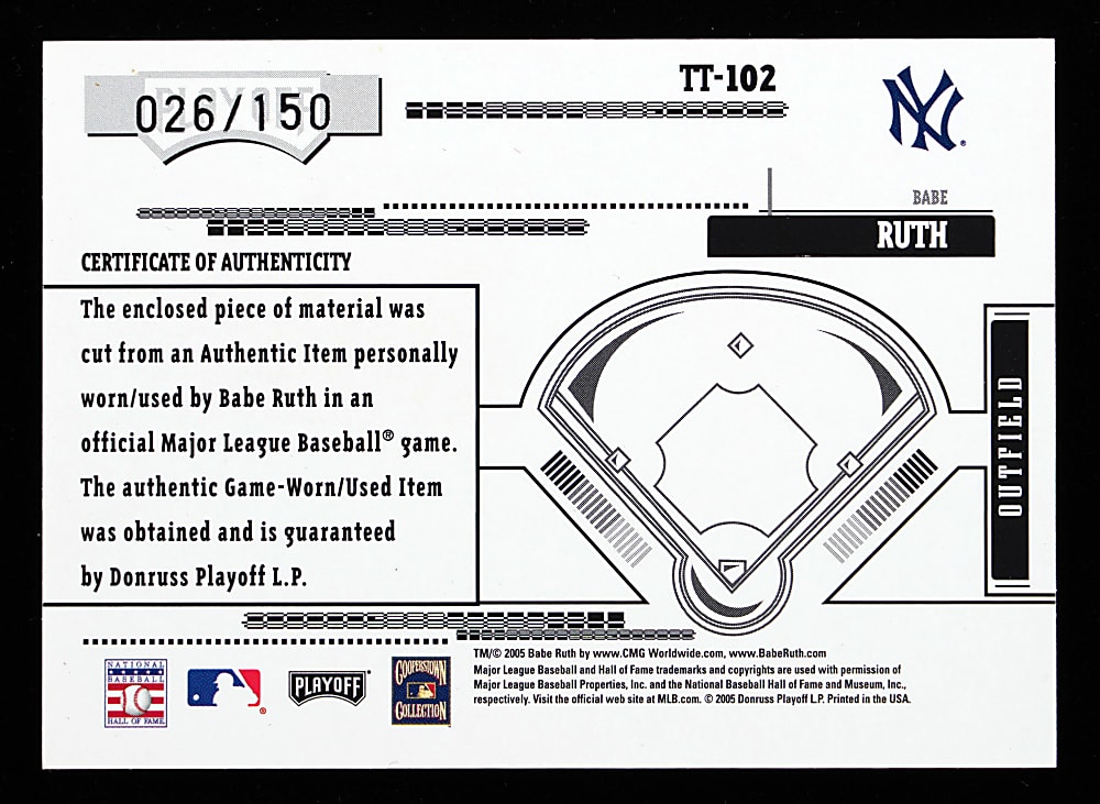 2005 Playoff Absolute Memorabilia Tools of the Trade #102 Babe Ruth Game-Used Bat Blue Parallel #/150