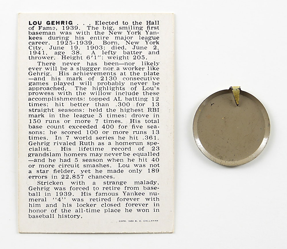1938 Our National Game Pin & 1950 Callahan Hall of Fame Lou Gehrig Pair