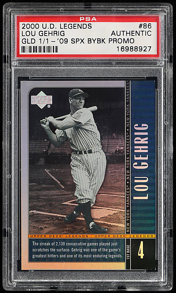 2000 Upper Deck Legends #86 Lou Gehrig 2009 SPx Buyback Gold #1/1 Promo - PSA Authentic