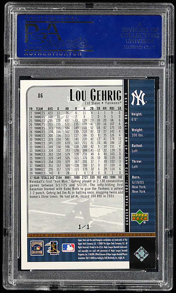 2000 Upper Deck Legends #86 Lou Gehrig 2009 SPx Buyback Gold #1/1 Promo - PSA Authentic