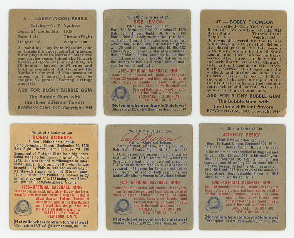 1948 & 1949 Bowman Hall of Fame & Star Rookie Card Group (6) with Yogi Berra & Robin Roberts