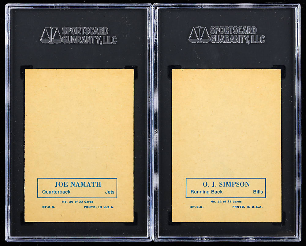 1970 Topps Super Glossy Proof Hall of Fame SGC Graded Pair with #22 O.J. Simpson & #29 Joe Namath - both SGC Authentic