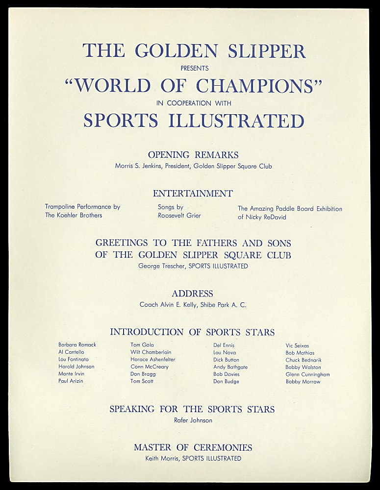 1960s Golden Slipper Club/Sport Illustrated World of Champions Multi-Signed Dinner Program Sheet with Wilt Chamberlain