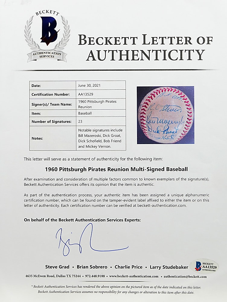 1960 World Champion Pittsburgh Pirates 1970s Reunion Team-Signed ONL Feeney Baseball with (23) Signatures - Beckett Full LOA