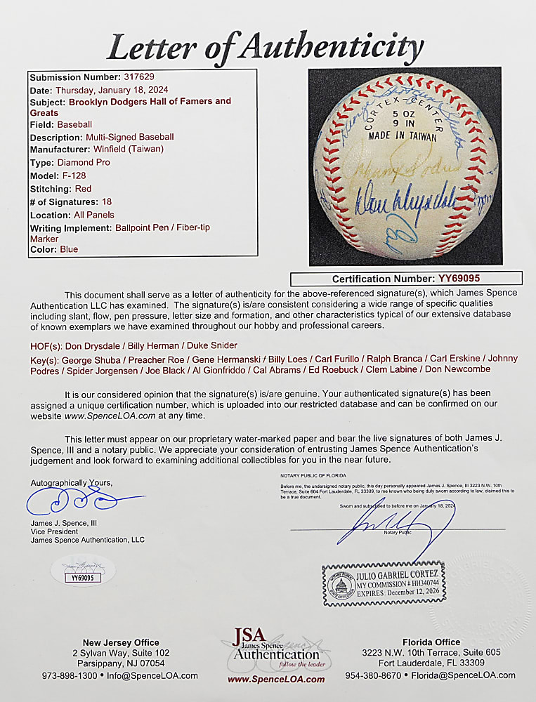 Brooklyn Dodgers Multi-Signed Hall of Famers & Greats Baseball with (18) Signatures Including Drysdale, Herman, Snider, Furillo - Full JSA LOA