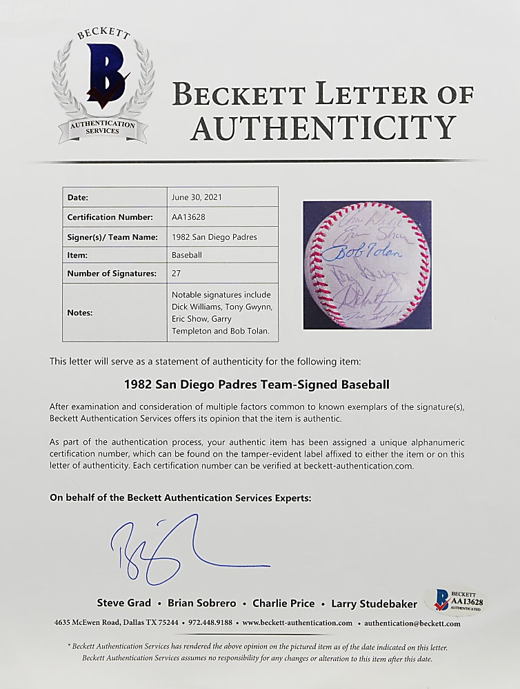 1982 San Diego Padres Team Signed ONL Feeney Baseball with (27) Signatures Including Rookie Year Tony Gwynn - Beckett Full LOA