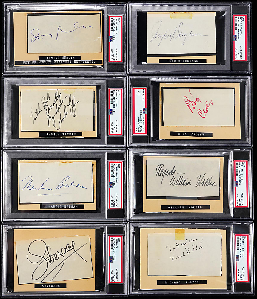 Entertainers Signed 3x5 PSA Encapsulated Group (8) with Crosby, Liberace & Bergman