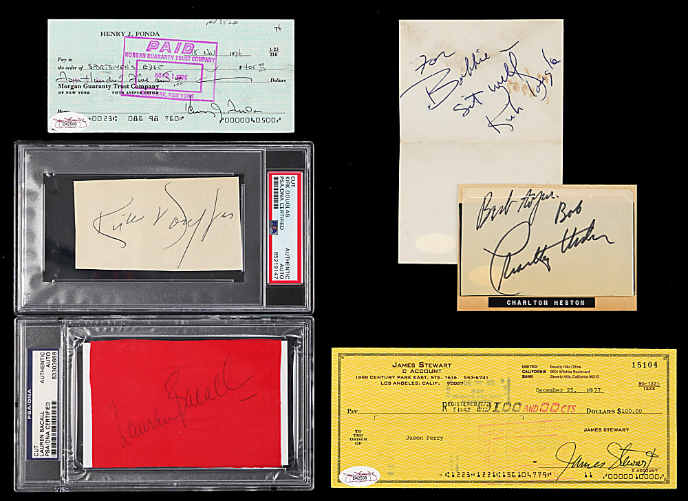 Actors & Actresses Signed Cuts & Checks Group (6) with (2) Douglas, Heston, Fonda, Stewart & Bacall - All Certed