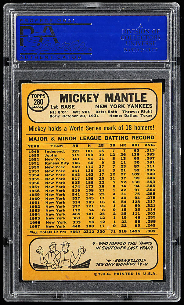1968 Topps #280 Mickey Mantle PSA EX-MT 6